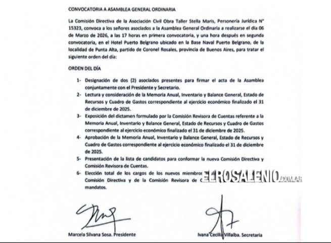 Convocatoria Asamblea General Asociación Civil Obra Taller Stella Maris