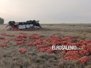 Un camión que transportaba cebollas se despistó y volcó cerca del Puente Naranja